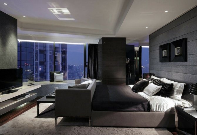 Ремонт спальні в стилі Хай-тек у темних кольорах з використанням природних фактур